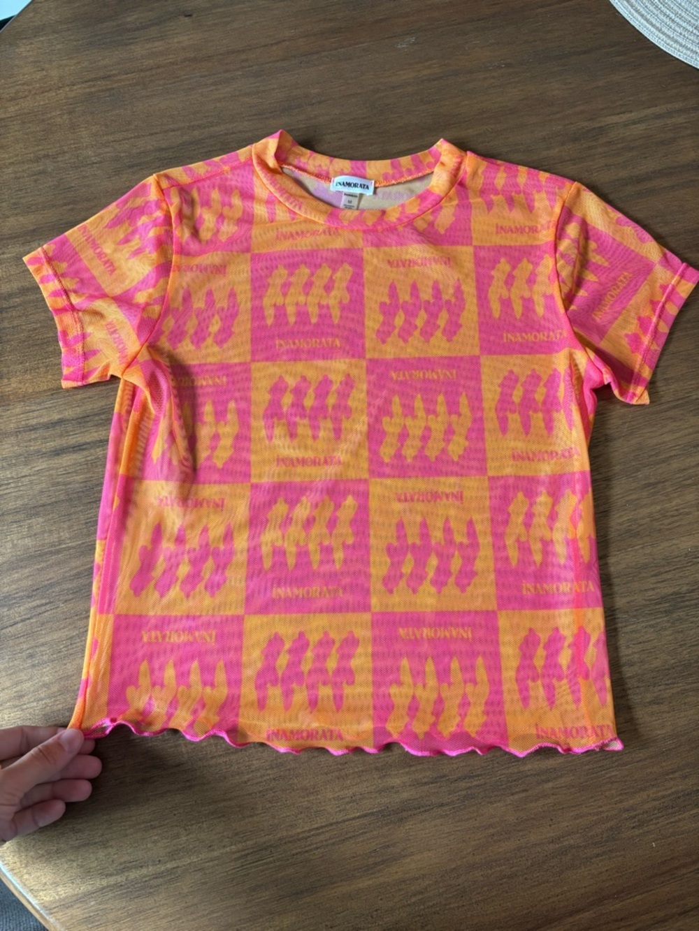 iNAMORATA Short Sleeve Graphic Tee in Pink & Orange sheer